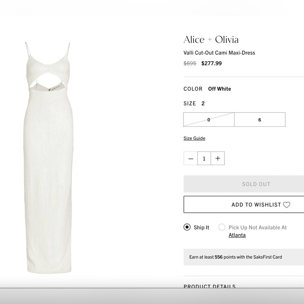 Alice + Olivia Valli Cut-Out Cami Maxi-Dress, Off White, Size 2
